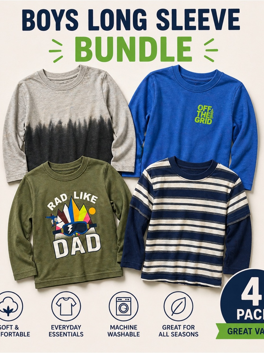 Garanimals Boys Long Sleeve Tees - Gray, Blue, Olive, Navy Striped